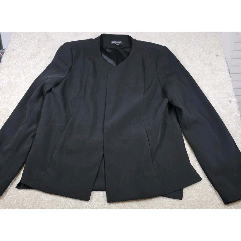 Eileen Fisher‎ Blazer Womens Size 12 Black Jacket Open Front Long Sleeve Solid